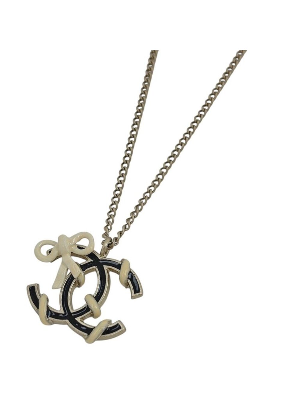 Chanel Necklace CC Logo Ribbon Gold Plated Black White